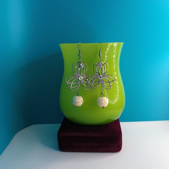 Silver floral with white shiny disco ball crystal dangle earrings - Picture 6 of 7